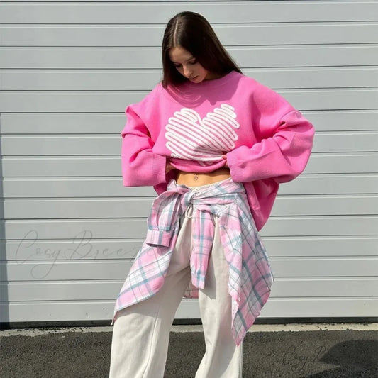 Casual Love Print O-neck Long Sleeve Sweater Pink / S swraters-241228