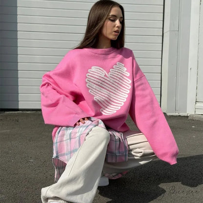 Casual Love Print O-neck Long Sleeve Sweater swraters-241228