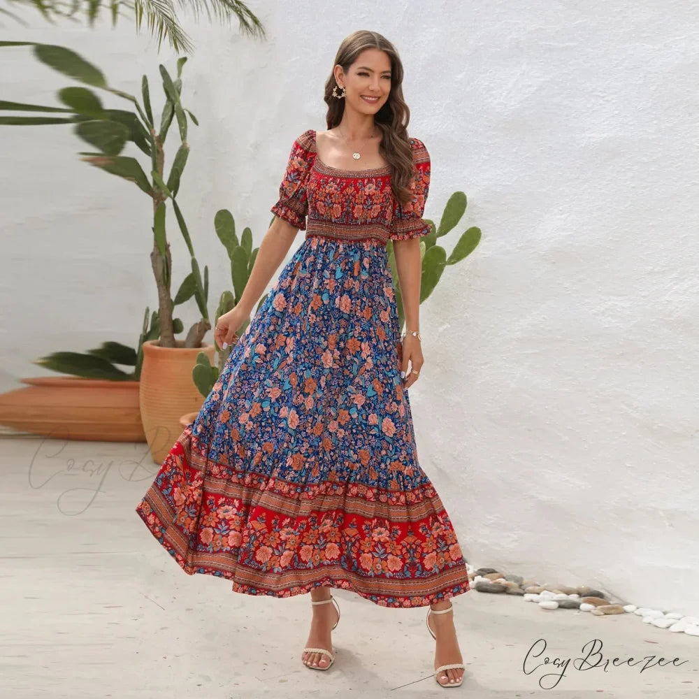 Casual Midi Sexy Elegant Beach Vacation Boho Dress Blue / S