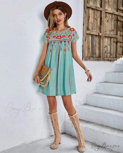 Casual O-neck Cotton Boho Dress bohodress-250126