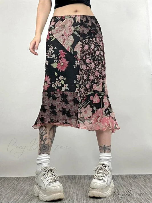 Casual Patchwork Floral Straight Slim Mid-Waisted Maxi Skirt Streetwear Black / S skirt-250126