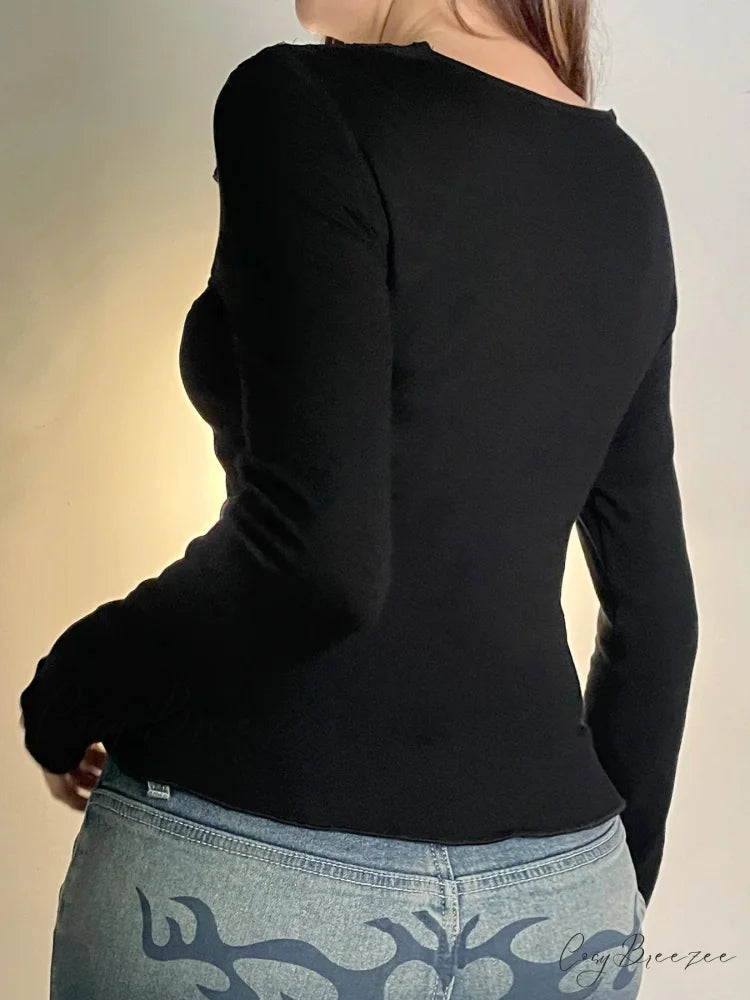 Casual Patchwork Lace Slim V-Neck Long Sleeve Knit Top knittop-250126