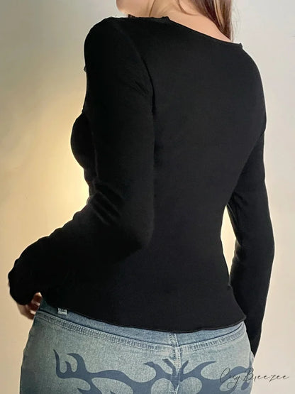 Casual Patchwork Lace Slim V-Neck Long Sleeve Knit Top knittop-250126