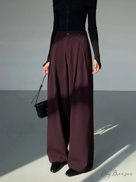Casual Pleated Graceful Wide Leg Pants Burgundy / XS