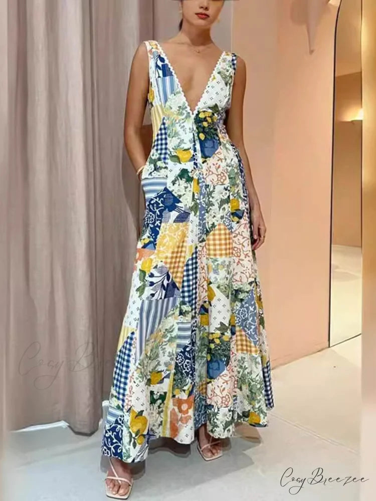 Casual Printed Sleeveless Charming Large V-Neck Dress Multicolor / S
