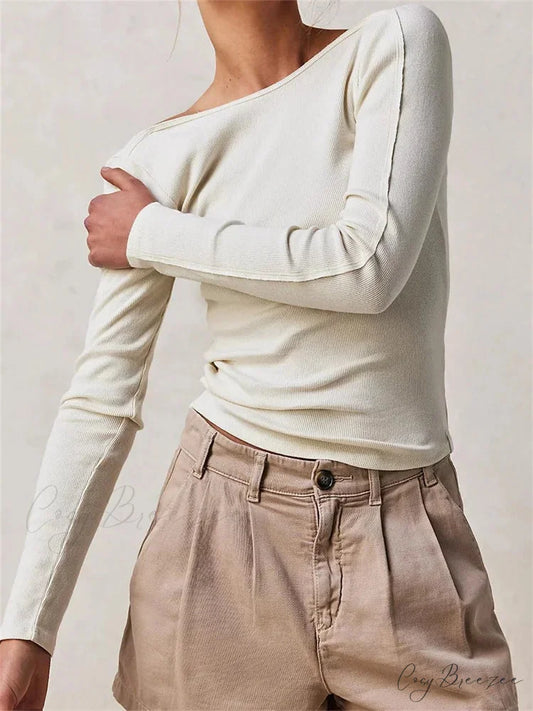 Casual Ribbed Long Sleeve Solid Slim Fit Backless T-Shirts WHITE / S