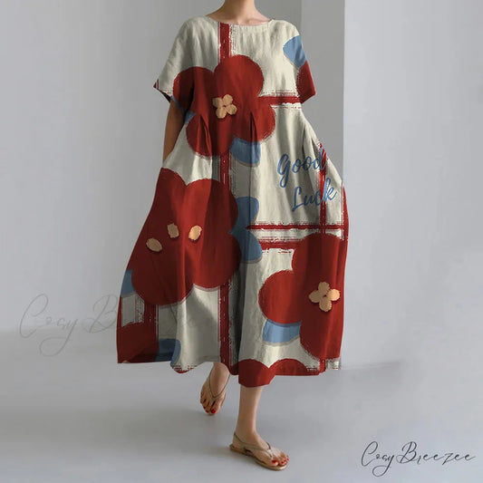 Casual Round Neck Floral Print Loose Long Summer Dress red1 / S oldfloraldress-250126