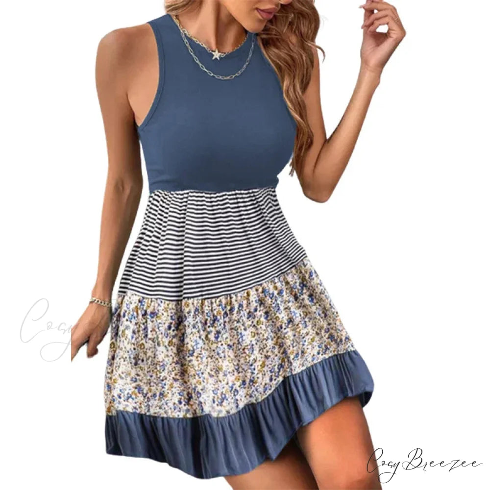 Casual Ruffle Sundress Beach Flowy Pleated Boho Dress Blue / S