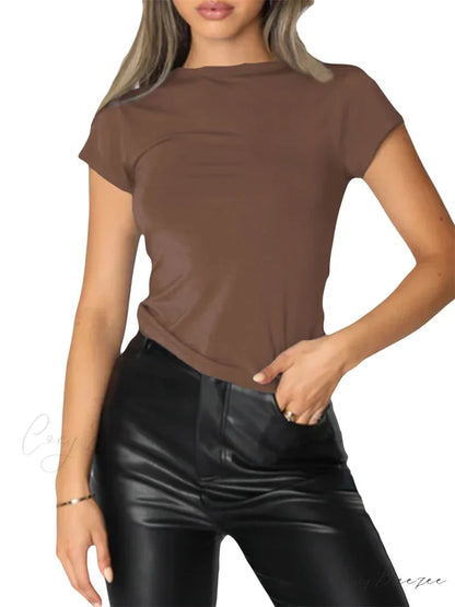 Casual Short Sleeve Solid Color Slim Fit Pullovers T-shirts BROWN / S