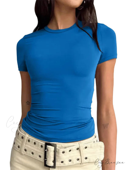 Casual Short Sleeve Solid Color Slim Fit Pullovers T-shirts DARK BLUE / S