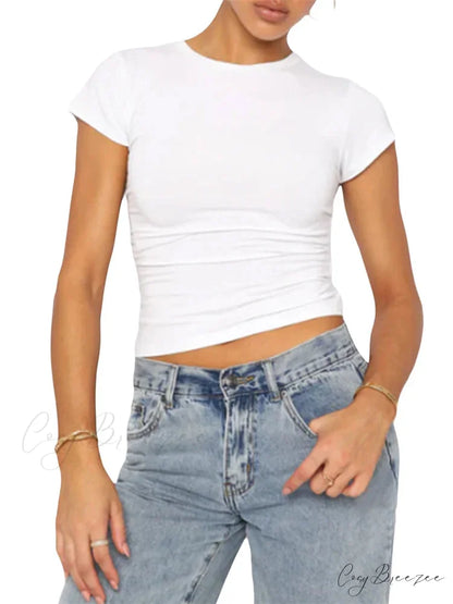 Casual Short Sleeve Solid Color Slim Fit Pullovers T-shirts WHITE / S