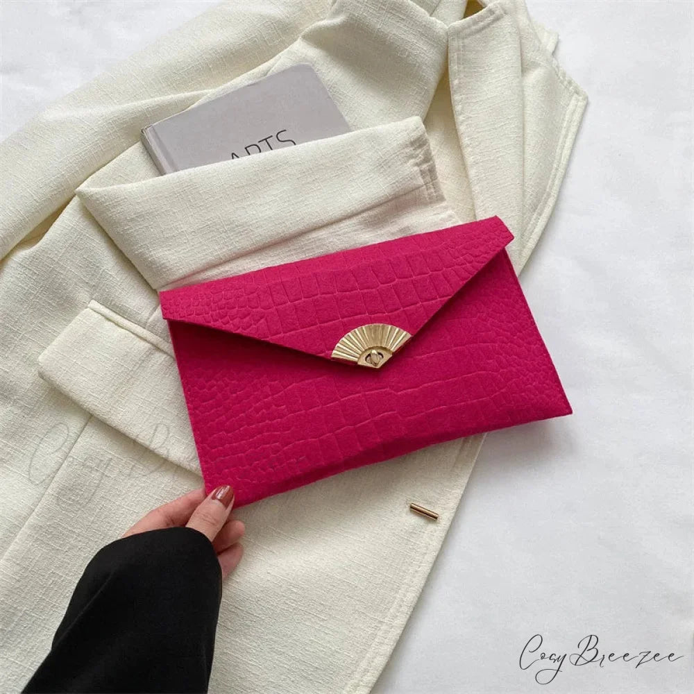 Casual Simple Felt Envelope Clutch Rose red wristlet-250126