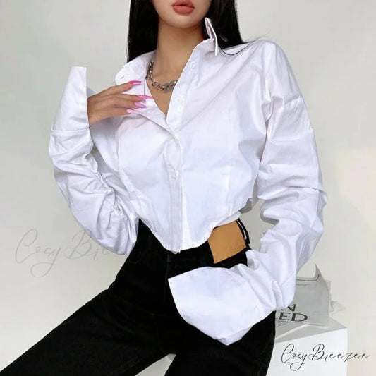 Casual Single Breasted Turn Down Collar Short Sleeve Crop Top blouse-250126