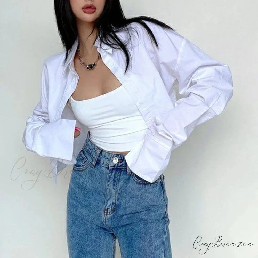 Casual Single Breasted Turn Down Collar Short Sleeve Crop Top blouse-250126