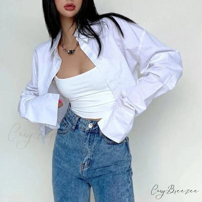 Casual Single Breasted Turn Down Collar Short Sleeve Crop Top blouse-250126