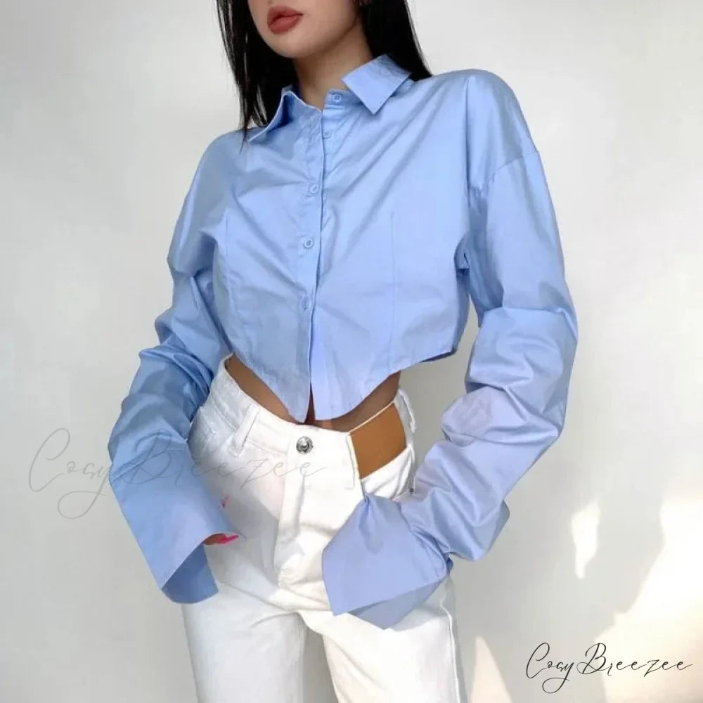 Casual Single Breasted Turn Down Collar Short Sleeve Crop Top blouse-250126