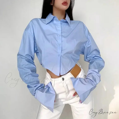 Casual Single Breasted Turn Down Collar Short Sleeve Crop Top Blue / S blouse-250126