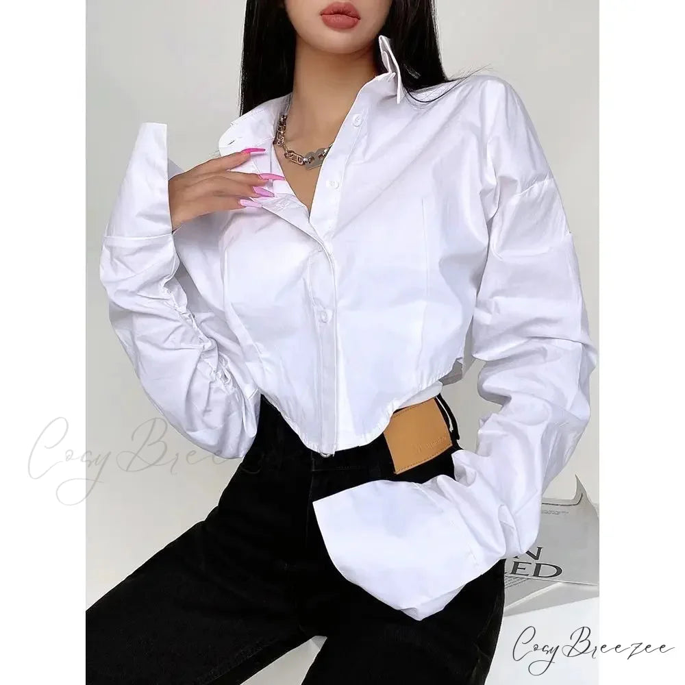 Casual Single Breasted Turn Down Collar Short Sleeve Crop Top WHITE / S blouse-250126