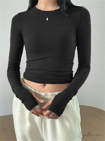 Casual Slim Fit Long Sleeve O-Neck Tops Spring Fall T-shirts BLACK / S