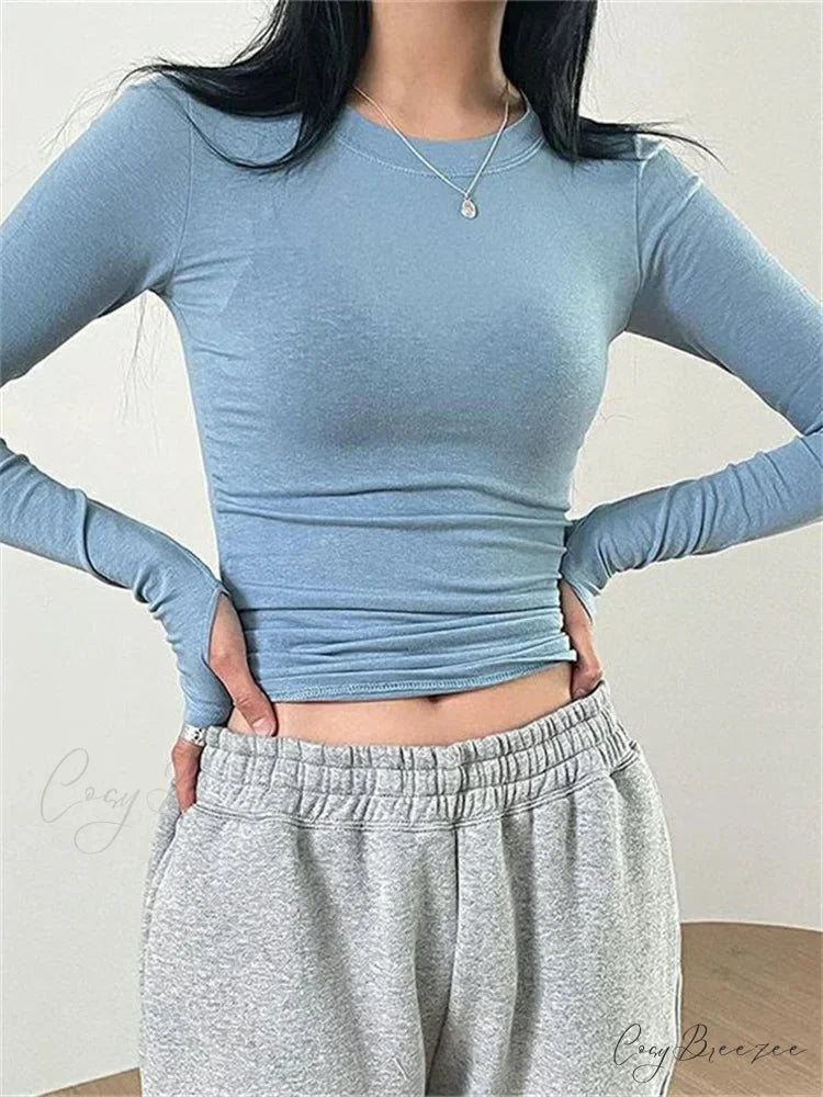 Casual Slim Fit Long Sleeve O-Neck Tops Spring Fall T-shirts BLUE / S