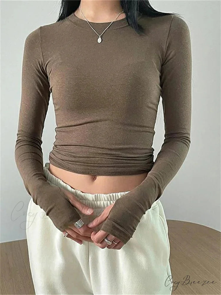 Casual Slim Fit Long Sleeve O-Neck Tops Spring Fall T-shirts BROWN / S