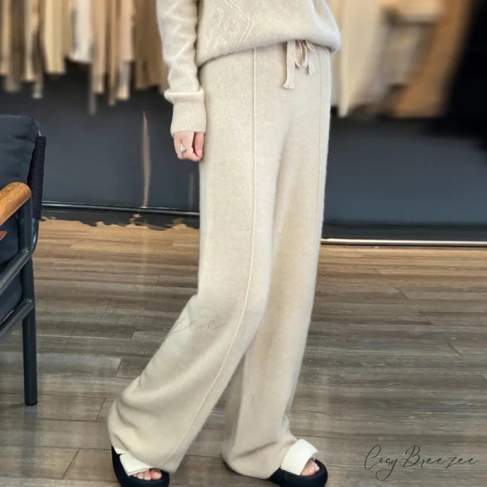 Casual Thick Knitted Elastic High Waist Loose Wide Leg Long Striped Pants Beige / S