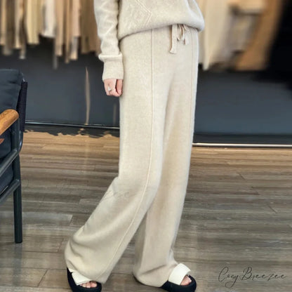 Casual Thick Knitted Elastic High Waist Loose Wide Leg Long Striped Pants Beige / S