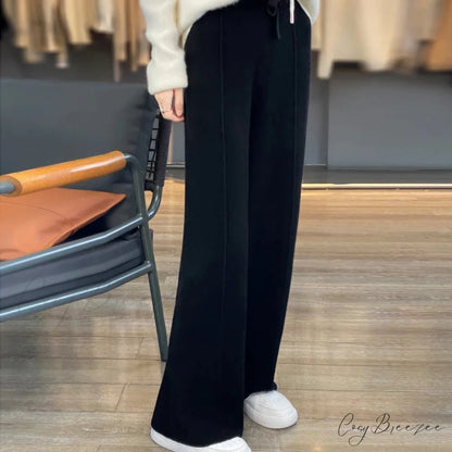 Casual Thick Knitted Elastic High Waist Loose Wide Leg Long Striped Pants Black / S