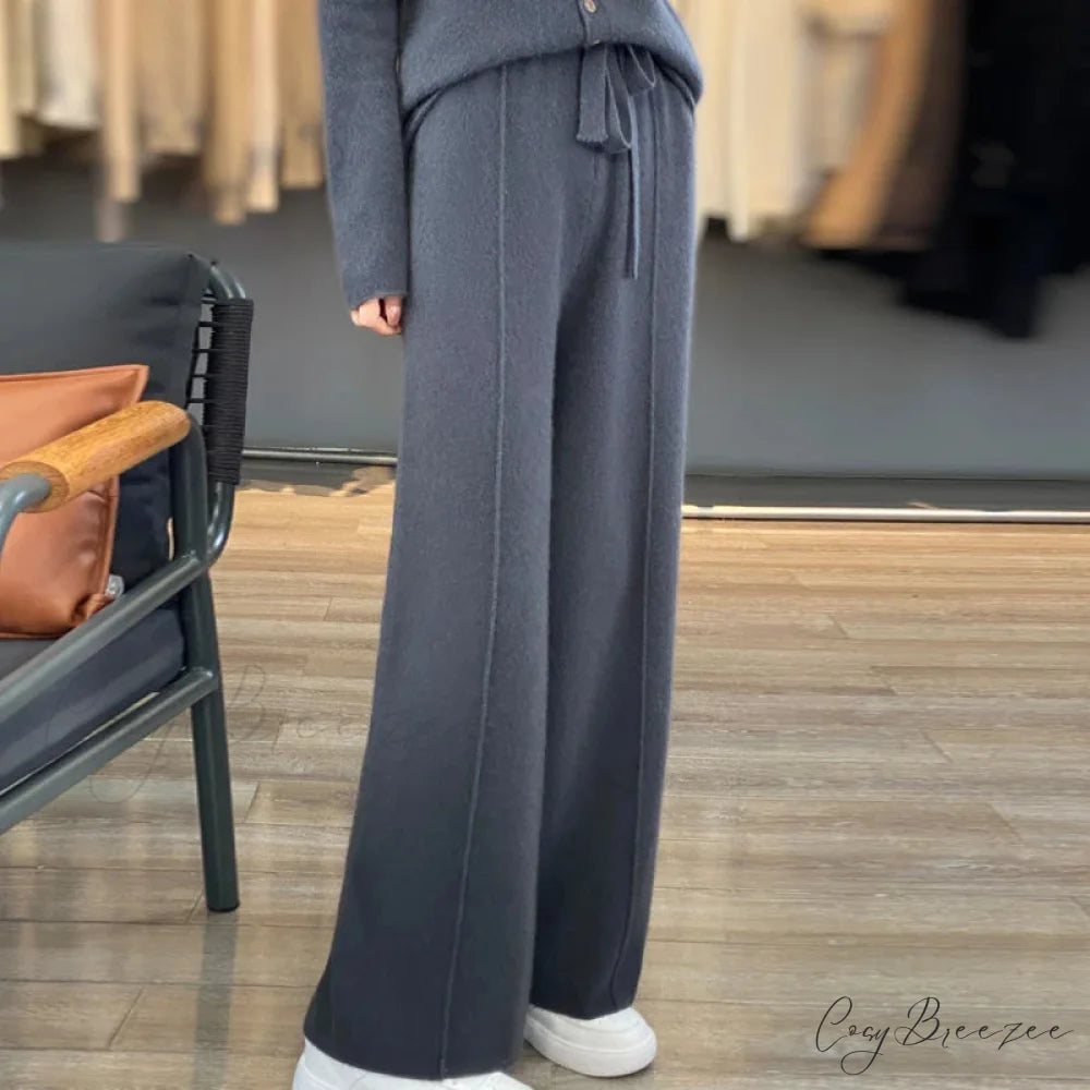 Casual Thick Knitted Elastic High Waist Loose Wide Leg Long Striped Pants Dark Grey / S