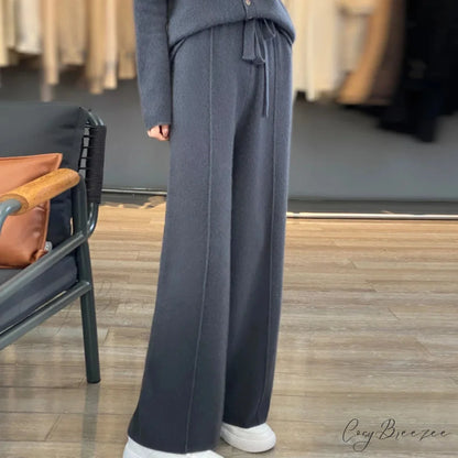 Casual Thick Knitted Elastic High Waist Loose Wide Leg Long Striped Pants Dark Grey / S