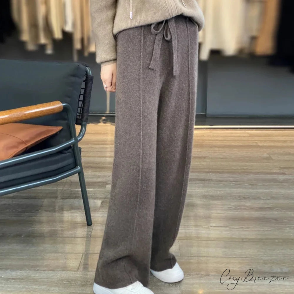 Casual Thick Knitted Elastic High Waist Loose Wide Leg Long Striped Pants Deep coffee / S
