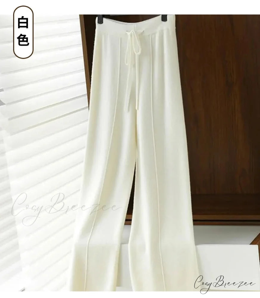 Casual Thick Knitted Elastic High Waist Loose Wide Leg Long Striped Pants WHITE / S