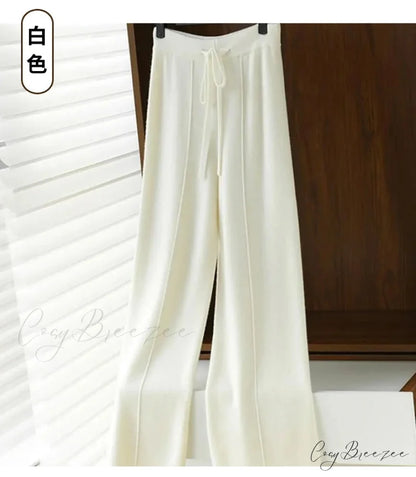 Casual Thick Knitted Elastic High Waist Loose Wide Leg Long Striped Pants WHITE / S