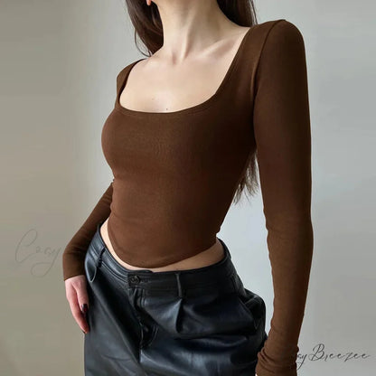 Casual U-neck Sexy Crop Short Long Sleeve Knit Top Brown / S knittop-250126