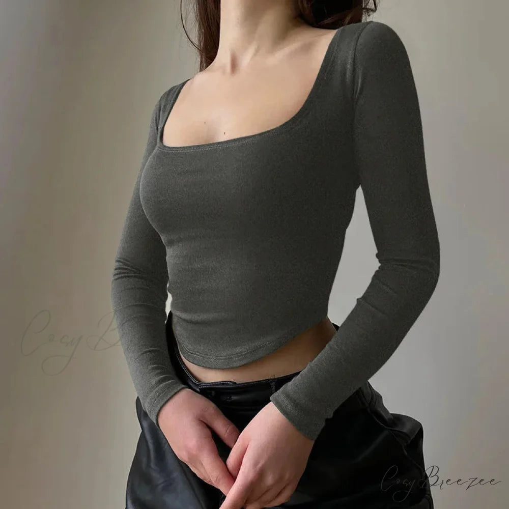 Casual U-neck Sexy Crop Short Long Sleeve Knit Top GRAY / S knittop-250126