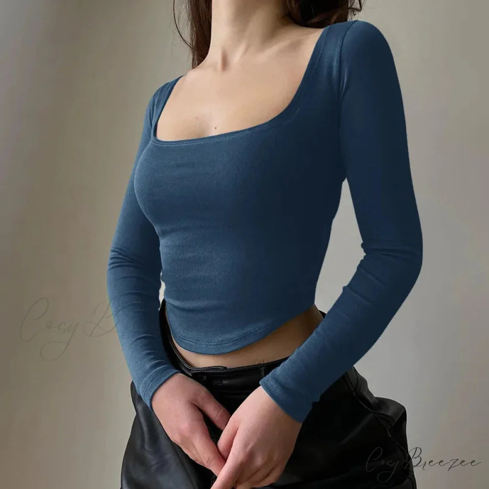 Casual U-neck Sexy Crop Short Long Sleeve Knit Top Navy Blue / S knittop-250126