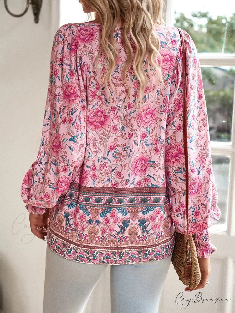 Casual V-Neck Floral Print Long Sleeve Boho Blouse bohoblouse-250126