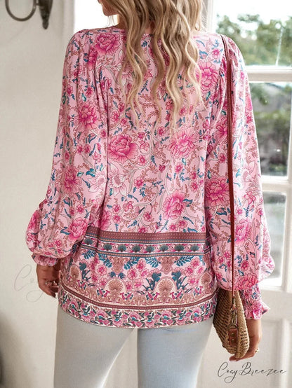 Casual V-Neck Floral Print Long Sleeve Boho Blouse bohoblouse-250126