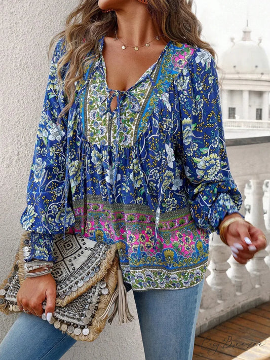 Casual V-Neck Floral Print Long Sleeve Boho Blouse bohoblouse-250126
