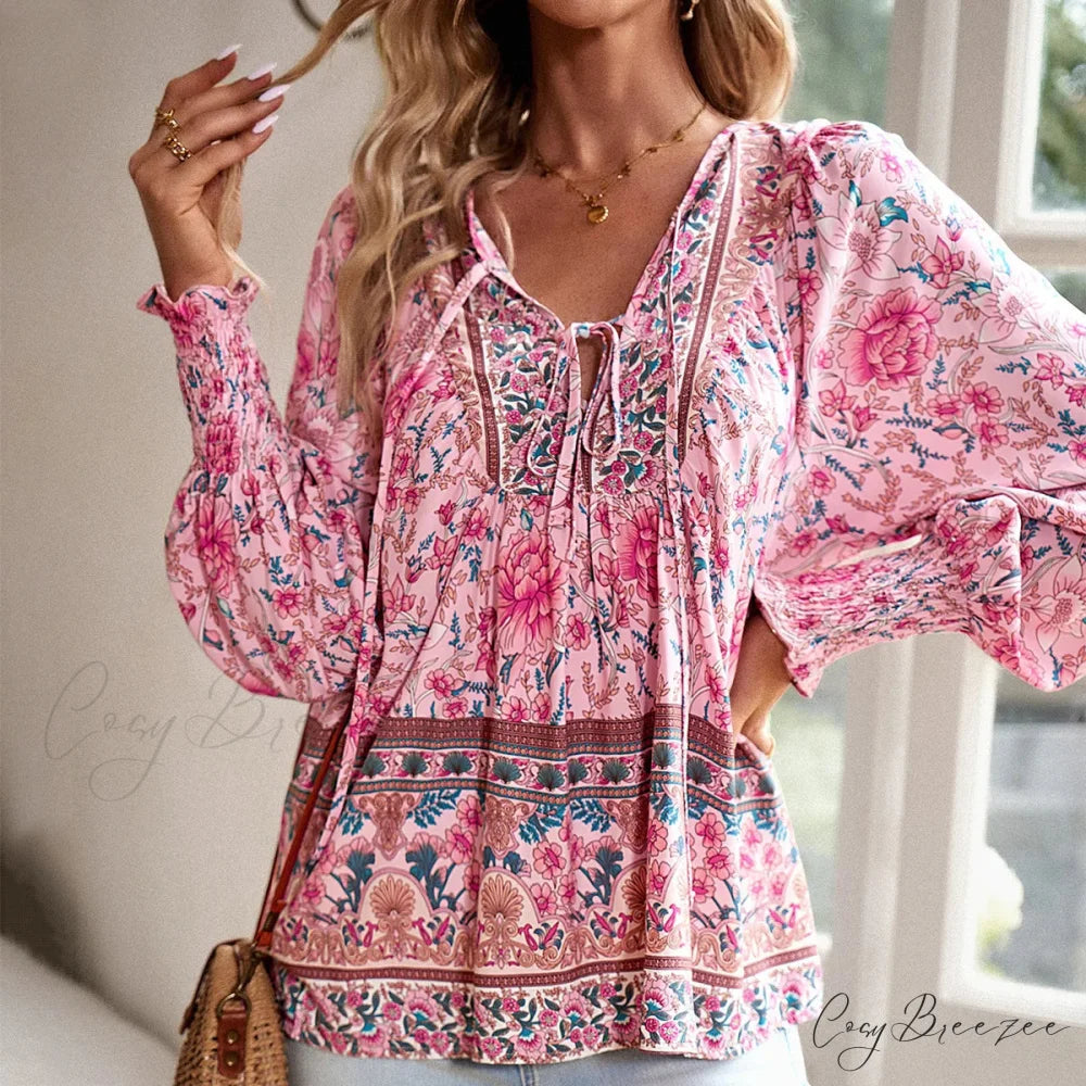 Casual V-Neck Floral Print Long Sleeve Boho Blouse bohoblouse-250126