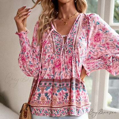 Casual V-Neck Floral Print Long Sleeve Boho Blouse bohoblouse-250126