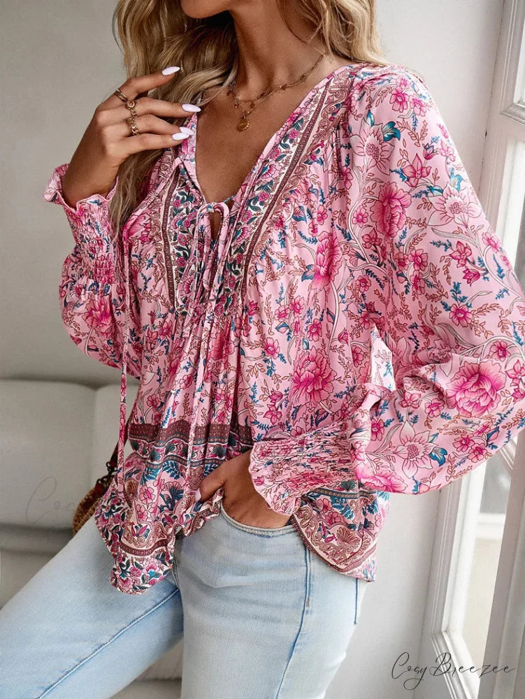 Casual V-Neck Floral Print Long Sleeve Boho Blouse Pink / S bohoblouse-250126