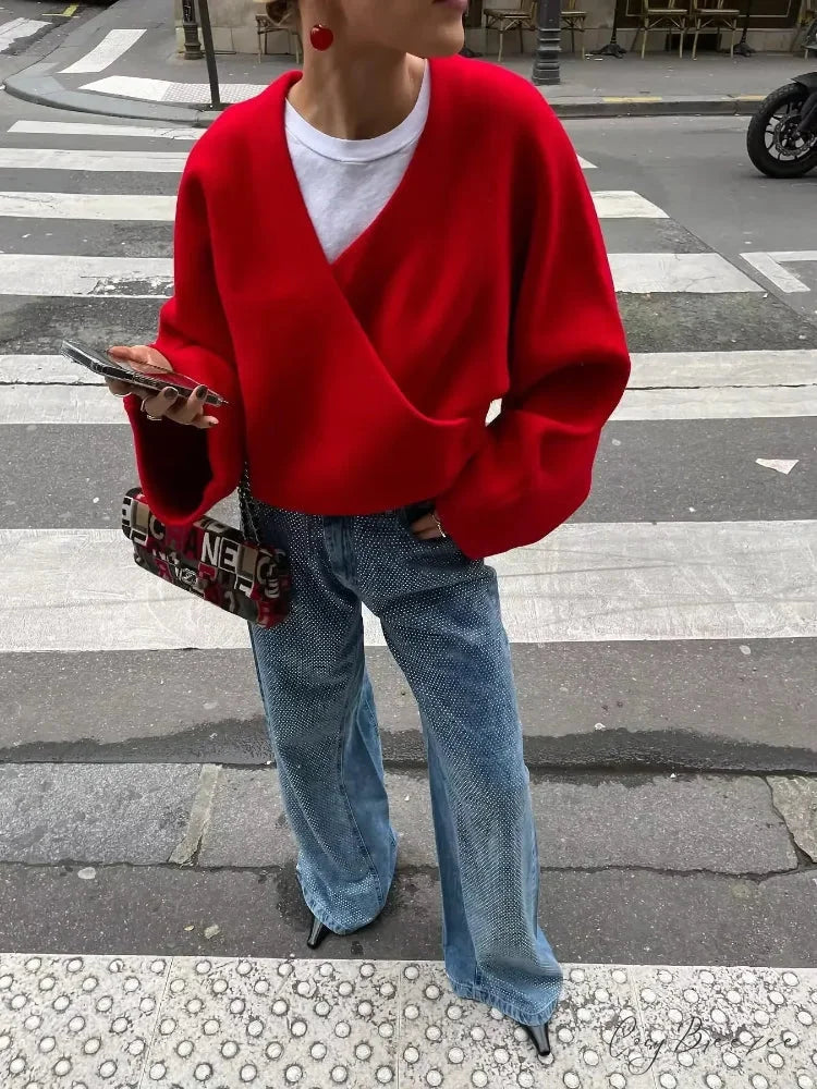 Casual V Neck Long Sleeve Christmas Sweater Red / S