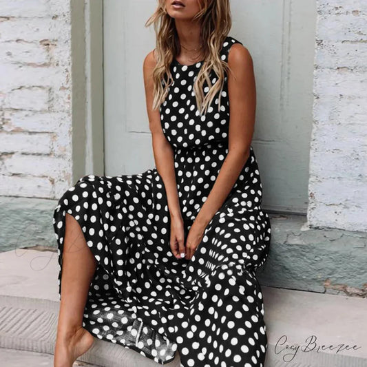 Casual Versatile Sleeveless Round Neck Polka Dot Boho Dress BLACK / S