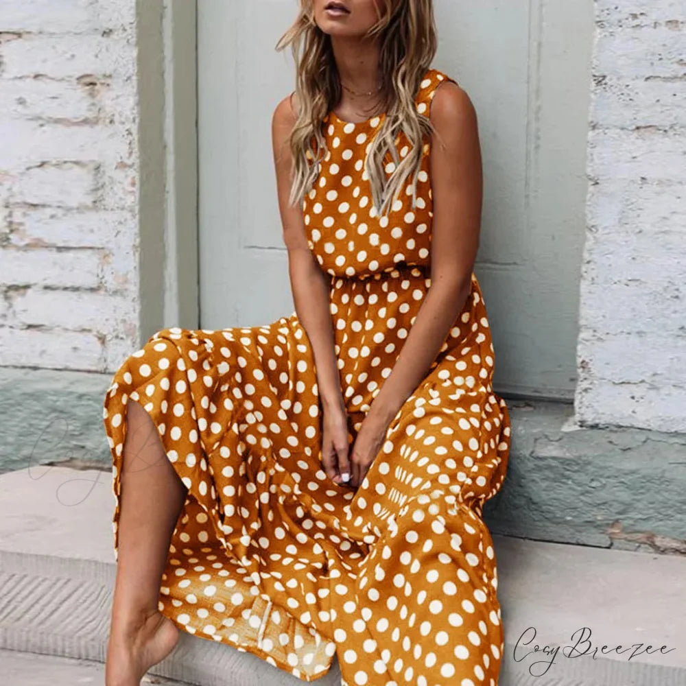 Casual Versatile Sleeveless Round Neck Polka Dot Boho Dress YELLOW / S