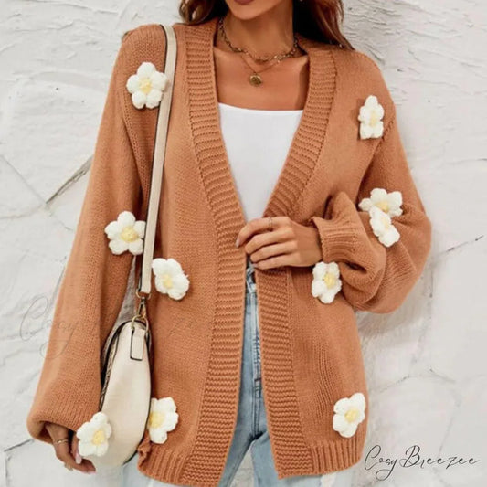 Casual with 3D Flower Cardigan Decoration Brown / S