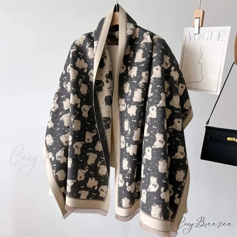 Cat Print Cashmere Winter Warm Scarf black1 scarf-241228