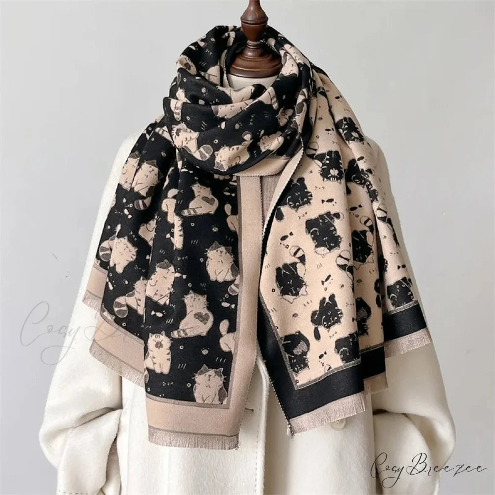 Cat Print Cashmere Winter Warm Scarf black2 scarf-241228