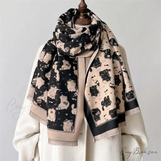Cat Print Cashmere Winter Warm Scarf black2 scarf-241228