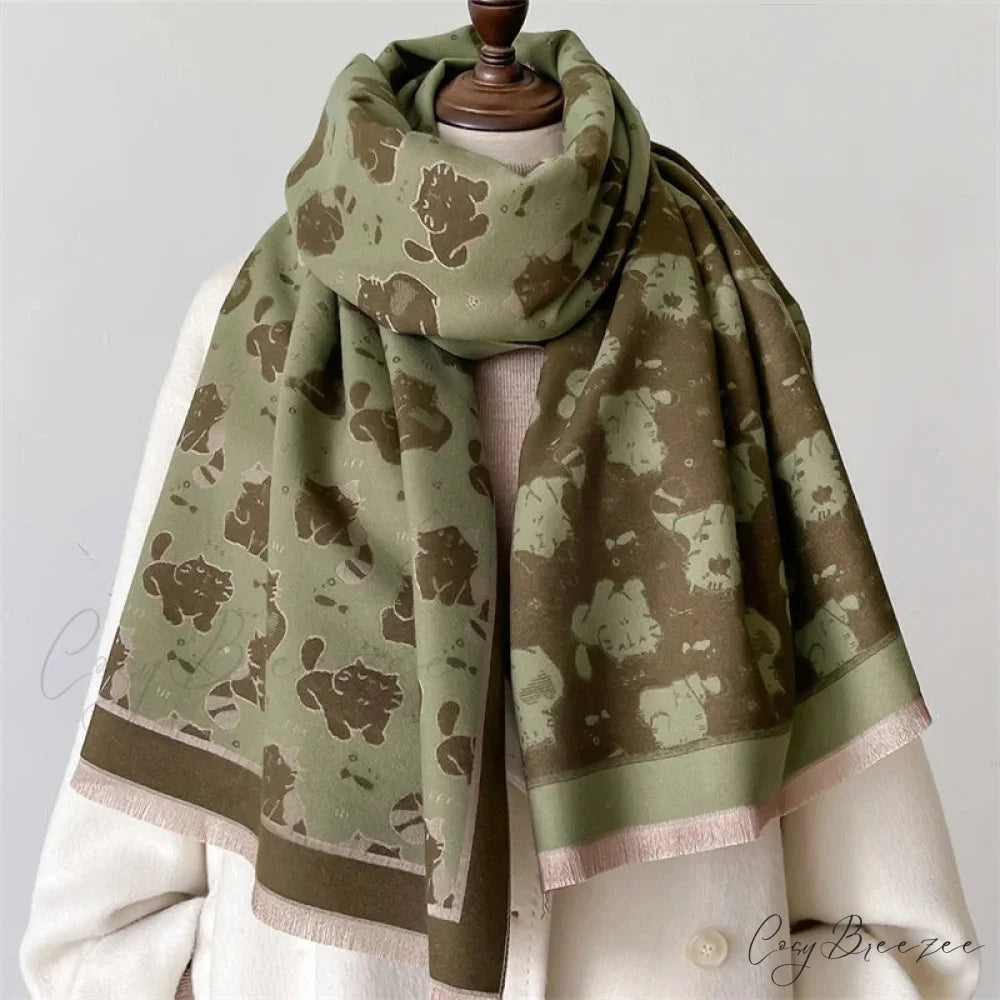 Cat Print Cashmere Winter Warm Scarf green1 scarf-241228